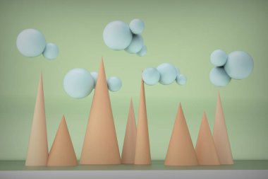 3 boyutlu görüntüleme. 3D 'den gelen yaratıcı bileşim topları ve konileri bulutlu doğal bir manzara olarak şekillendirir.