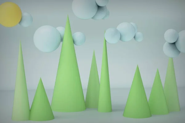 3 boyutlu görüntüleme. 3D 'den gelen yaratıcı bileşim topları ve konileri bulutlu, yatay ve doğal bir manzara olarak şekillendirir.