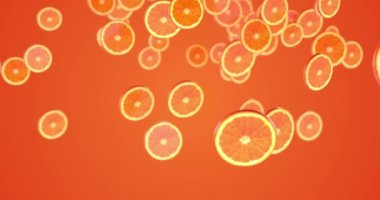 Citrus slices on an orange background. Beautiful animation of orange slices falling on an orange background. Plus alpha channel