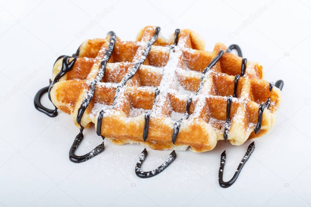 Traditional Austrian or Belgian homemade waffles in a cafe. Delicious dessert. Food