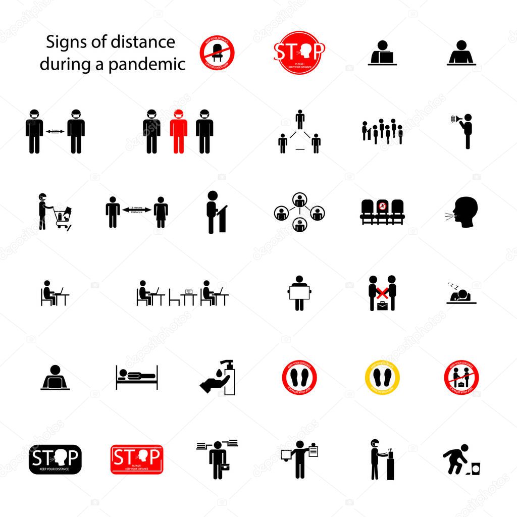 Set of icons keeping distance. Stop coronavirus keeping distance.
