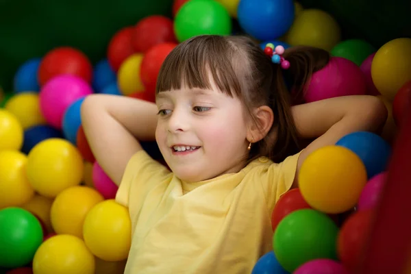 Cute Little Girl Playing Room Colorful Balls — Stock Photo, Image