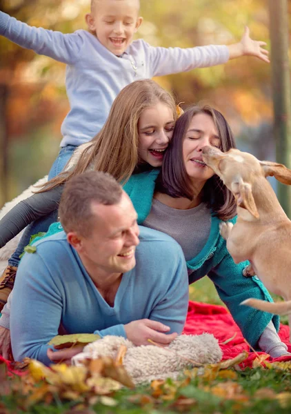 Φθινόπωρο Πορτρέτο Του Ευτυχισμένη Οικογένεια Έχοντας Διασκέδαση Εξωτερικούς Χώρους — Φωτογραφία Αρχείου