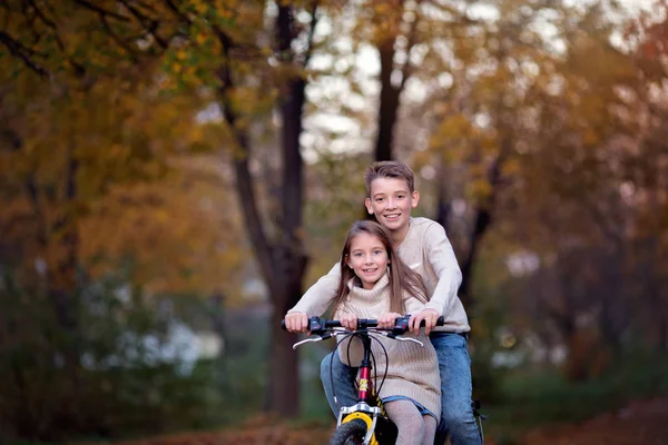 Close Herfst Portret Van Schattig Broer Met Zus Veel Plezier — Stockfoto