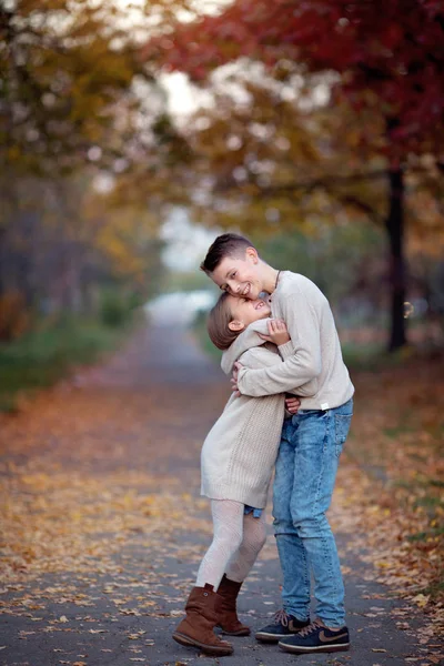 Closeup Autumn Portrait Cute Brother Sister Have Fun Together — Stock Photo, Image