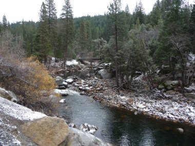Kaliforniya 'nın Sierra Nevada sıradağlarında kış ormanlarında akan nehir manzarası