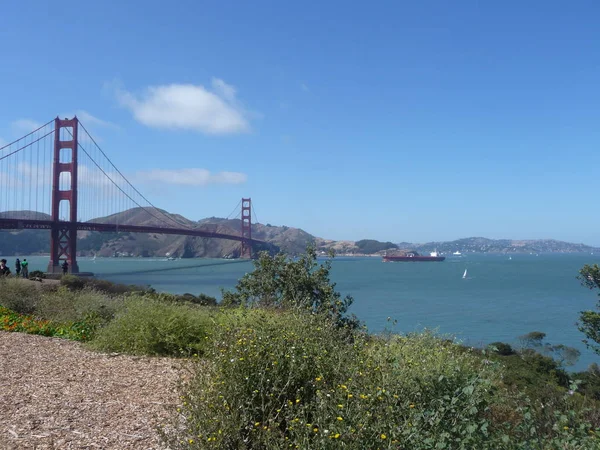 Golden Gate Bridge Bujną Zielenią Pierwszym Planie — Zdjęcie stockowe