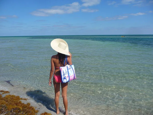 plajda bikini ve şapka giyen genç kızın arka görünümü