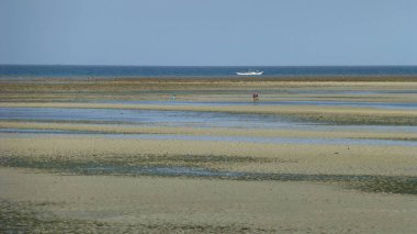 gün batımında düşük gelgit sırasında tropikal plajda insanlar