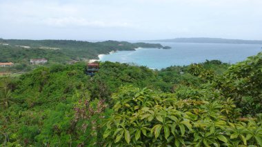 bulutlu gökyüzü altında yemyeşil ve deniz ile tropikal manzara