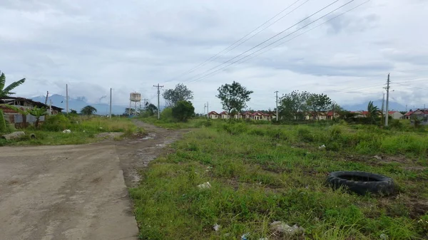 Chemin Terre Dans Scène Rurale Avec Verdure Luxuriante Maisons — Photo