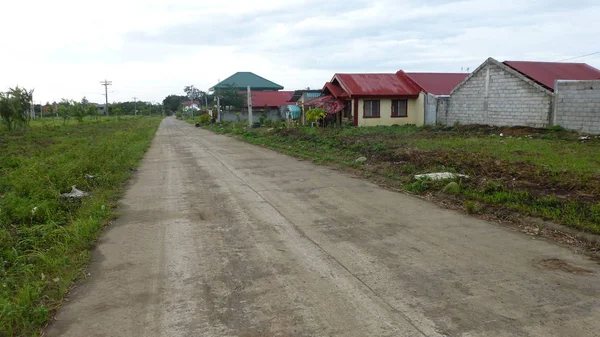 Chemin Terre Dans Scène Rurale Avec Champ Vert Maisons — Photo