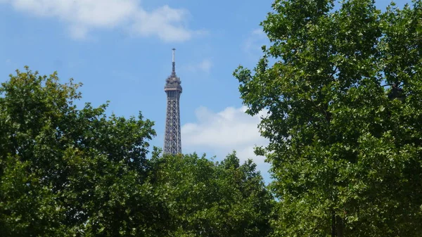 Cima Torre Eiffel Vista Través Exuberante Vegetación — Foto de Stock