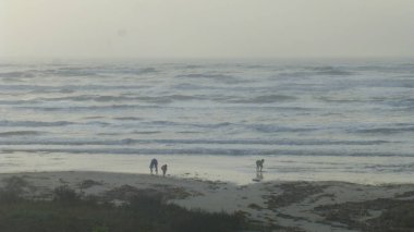 uzak insanlarla sahilde bulutlu gökyüzü