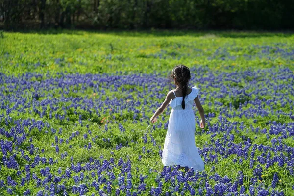 Menina Vestindo Vestido Branco Campo Florescendo Luz Sol — Fotografia de Stock