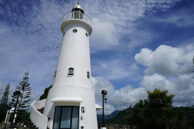 arka planda mavi bulutlu gökyüzü ile beacon bina