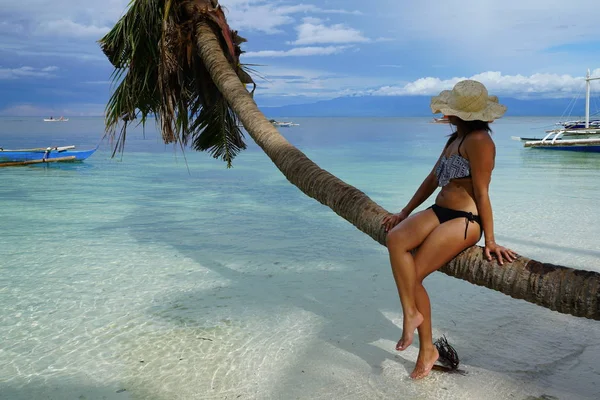 Mujer Con Bikini Sentado Palma Sobre Mar —  Fotos de Stock