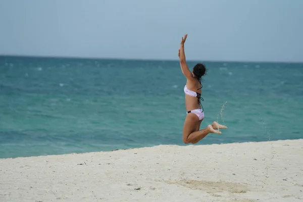 Rear View Woman Bikini Jumping Beach — Stock Photo, Image