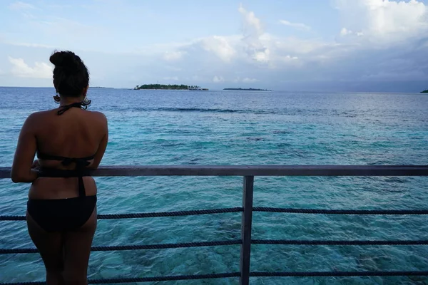 rear view of woman wearing bikini standing by fence with marine view