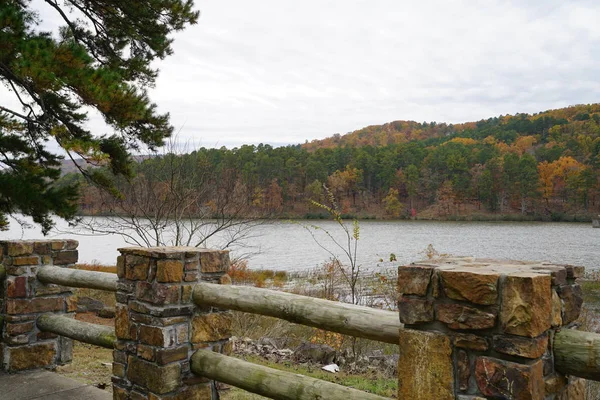 Fence Lake Autumn Trees Hill Cloudy Sky — Stock Photo, Image