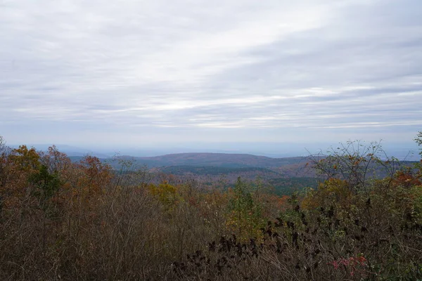 Malowniczy Widok Wzgórza Pochmurne Niebo Jesiennych Drzewach — Zdjęcie stockowe