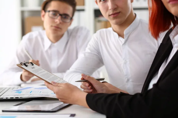 Group people sit in office deliberate on problem — Stock Photo, Image