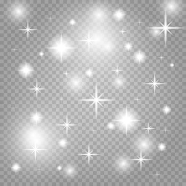 Parlak toz. Toz, küçük parlak ışık mavi ve beyaz ışık parlayan bir sürü. Uzay tozu, şeffaf bir arka plan üzerinde. Toz parlayan yıldız yanıp söner, büyüleyici. Vektör çizim.