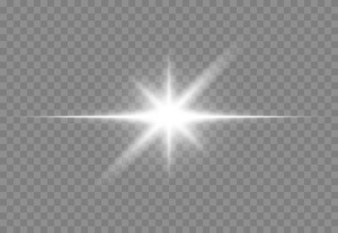 Şeffaf beyaz arka planda izole edilmiş parlayan yıldızlar. Efektler, parlaklık, parlaklık, patlama, beyaz ışık, ayarlandı. Yıldızların parlaması, güzel güneş parlaması. Vektör illüstrasyonu.
