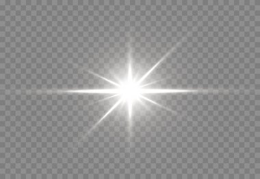 Şeffaf beyaz arka planda izole edilmiş parlayan yıldızlar. Efektler, parlaklık, parlaklık, patlama, beyaz ışık, ayarlandı. Yıldızların parlaması, güzel güneş parlaması. Vektör illüstrasyonu.