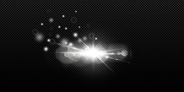 Soyut şeffaf güneş ışığı özel mercek ışık efekti. Hareket halinde vektör bulanıklığı parlaklığı. İzole edilmiş şeffaf arka plan. Dekor elemanı. Yatay yıldız patlaması ışınları ve spot ışıkları.
