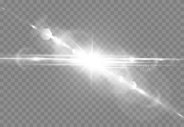 Soyut şeffaf güneş ışığı özel mercek ışık efekti. Hareket halinde vektör bulanıklığı parlaklığı. İzole edilmiş şeffaf arka plan. Dekor elemanı. Yatay yıldız patlaması ışınları ve spot ışıkları.