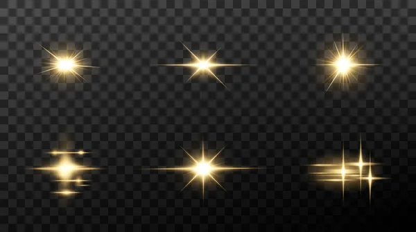 Estrelas Douradas Brilhantes Isoladas Sobre Fundo Preto Efeitos Chama Lente — Vetor de Stock
