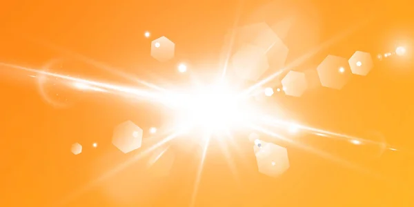 要旨黄色とオレンジ色の背景に輝く太陽の輝く輝くレンズフレア 光のグレアの自然な光線で満たされた暖かい太陽 分離ベクトル図 — ストックベクタ