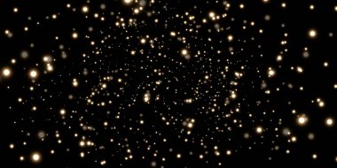Parlak sihirli toz. Siyah ve beyaz dokusal bir arkaplanda. Altın ışıldayan toz parçacıklarından oluşan soyut bir arka plan kutlaması. Sihirli efekt. Altın yıldızlar. Şenlikli vektör çizimi.