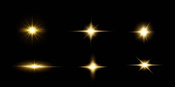 Leuchtende Goldene Sterne Isoliert Auf Schwarzem Hintergrund Effekte Linsenschlag Glanz — Stockvektor