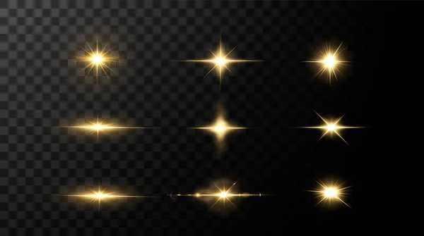Estrellas Doradas Brillantes Aisladas Sobre Fondo Negro Efectos Destello Lente — Archivo Imágenes Vectoriales