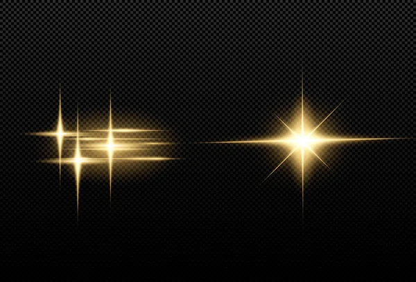 Estrelas Douradas Brilhantes Isoladas Sobre Fundo Preto Efeitos Chama Lente —  Vetores de Stock