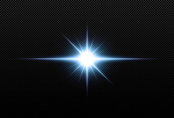輝くネオン星は黒い背景に孤立しています レンズフレア ネオンライト セット 輝く星 美しい青い光線 ベクターイラスト — ストックベクタ