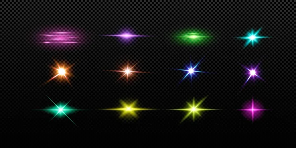 Сияющие Золотые Звезды Черном Фоне Эффекты Блики Линз Блеск Взрыв — стоковый вектор