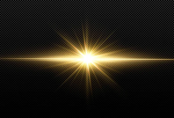 闪耀的金色星辰在黑色的背景上被隔离 镜头照明弹 金色的光 闪耀的星辰 美丽的金光 矢量说明 — 图库矢量图片