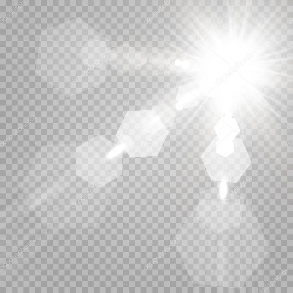 Abstract transparent sunlight special lens flare light effect.Vector blur in motion glow glare. Isolated transparent background. Decor element. Horizontal star burst rays and spotlight.