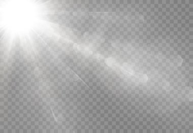 Soyut şeffaf güneş ışığı özel mercek ışık efekti. Hareket halinde vektör bulanıklığı parlaklığı. İzole edilmiş şeffaf arka plan. Dekor elemanı. Yatay yıldız patlaması ışınları ve spot ışıkları.