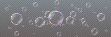 Su ve cam baloncuk efektleri de dahil olmak üzere saydam bir zemin üzerinde yüzen gerçekçi sabun baloncuklarının stok vektör çizimi.