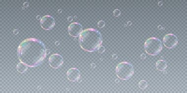 Şeffaf, yanardöner yüzeyli gerçekçi sabun baloncukları içeren stok illüstrasyonu taze, oyuncu veya temiz temalı tasarımlar için idealdir..