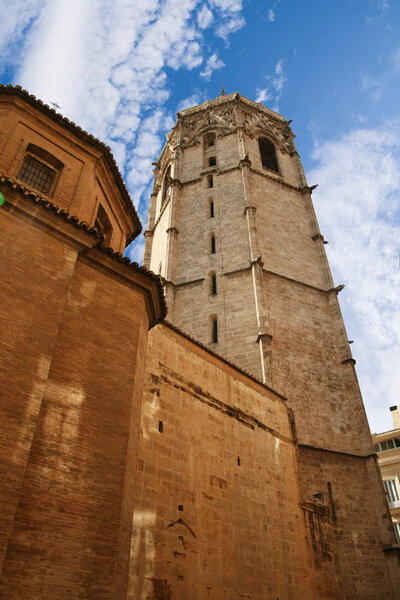 Valencia, Spain - 07/21/2019: Miguelete, Torre del Micalet, El Micalet - Valencian Gothic-style bell tower of Valencia Cathedral. It is 50.85 metres high. It is situated on Plaza De La Reina.