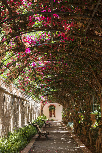 Valencia, Spain-07/20/2019:Monforte Garden - Jardines de Monforte. A neoclassic design full of statues, pools, fountains, walkways and rest areas.