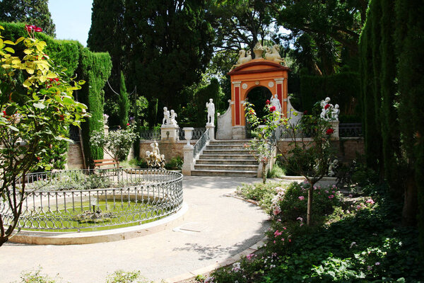 Valencia, Spain-07/20/2019:Monforte Garden - Jardines de Monforte. A neoclassic design full of statues, pools, fountains, walkways and rest areas.