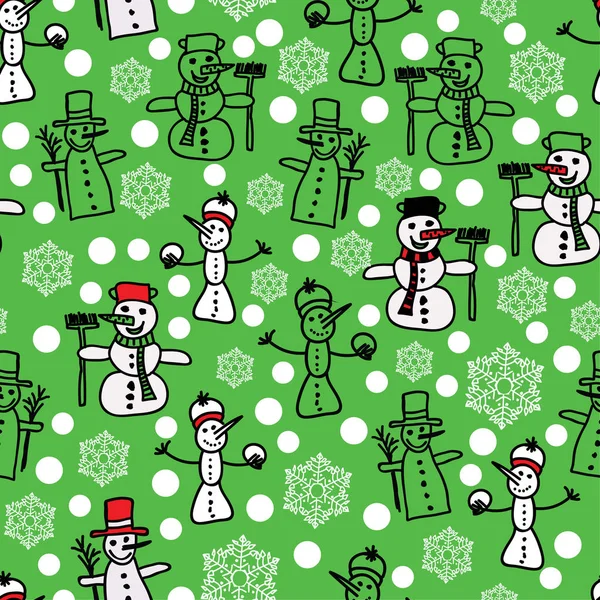 Vetor verde branco boneco de neve e padrão de Natal — Vetor de Stock