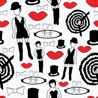 Cancan dansçı kabarık etek ve çorap. Kabare showgirl. Vektör seamless modeli.