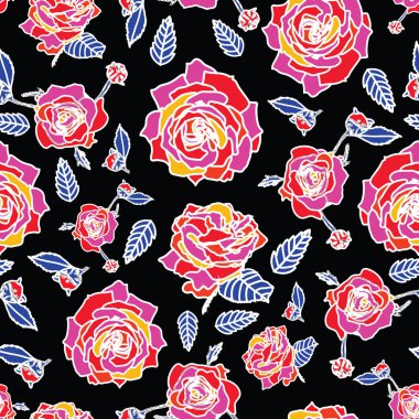 Seamless modeli kırmızı gül çiçekler ve siyah arka plan üzerine bırakır.